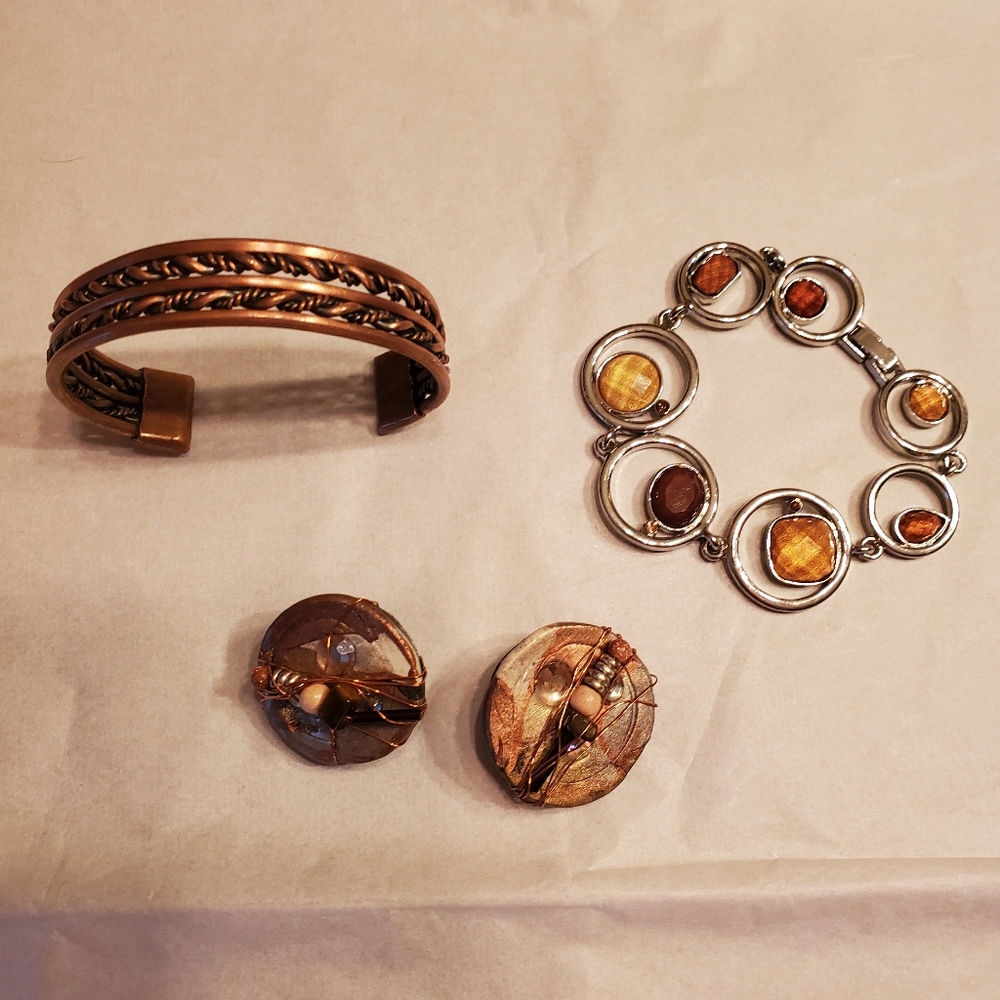 6" Copper Braided Cuff, Lia Sophia Silver Tone Bracelet & Round Earrings